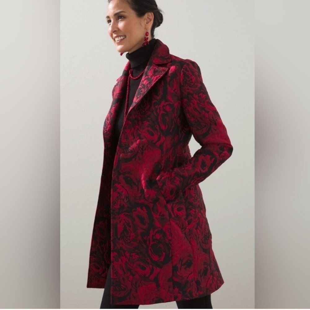 Chicos Rose Jacquard Jacket, size 1, NWT, 2 hook closures & 2 side pockets